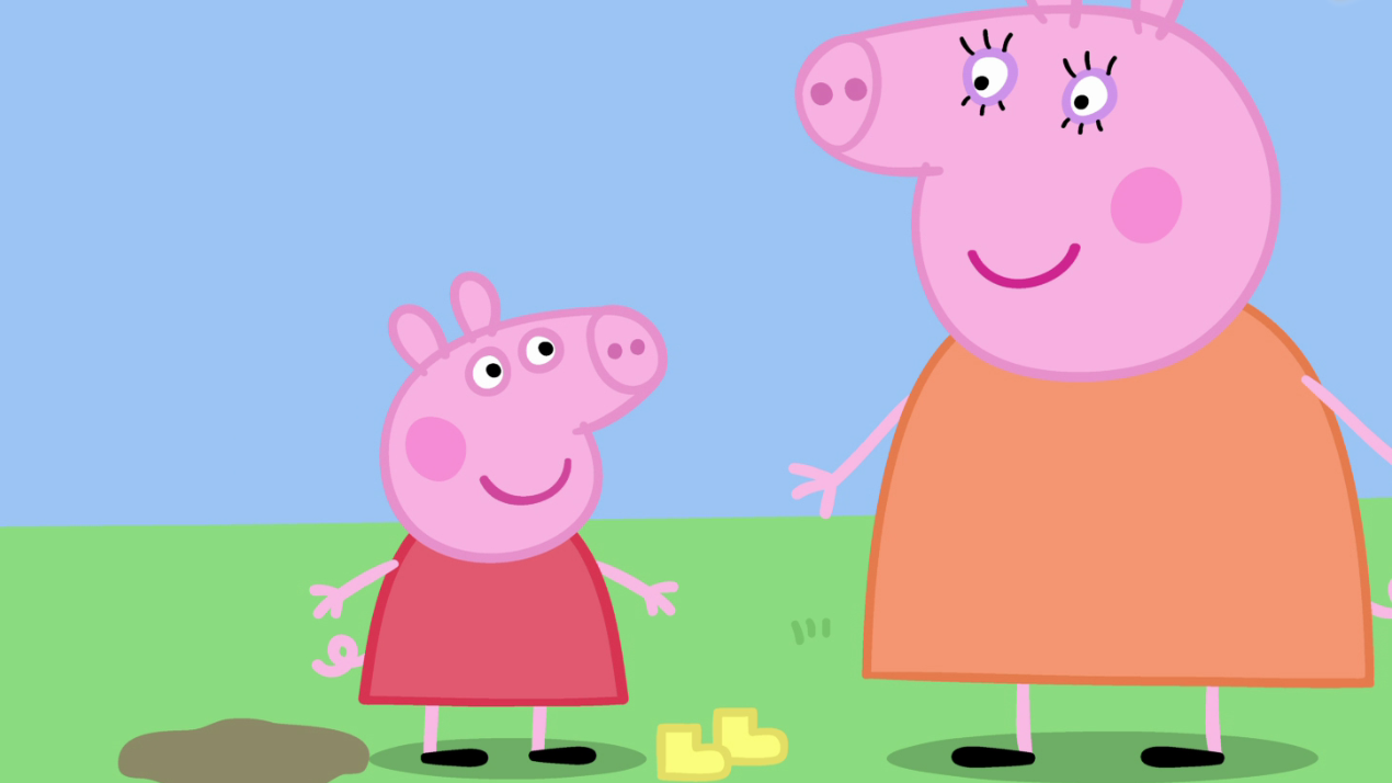 佩奇想要跳泥坑可是猪妈妈阻止了她因为她还没换上靴子呢