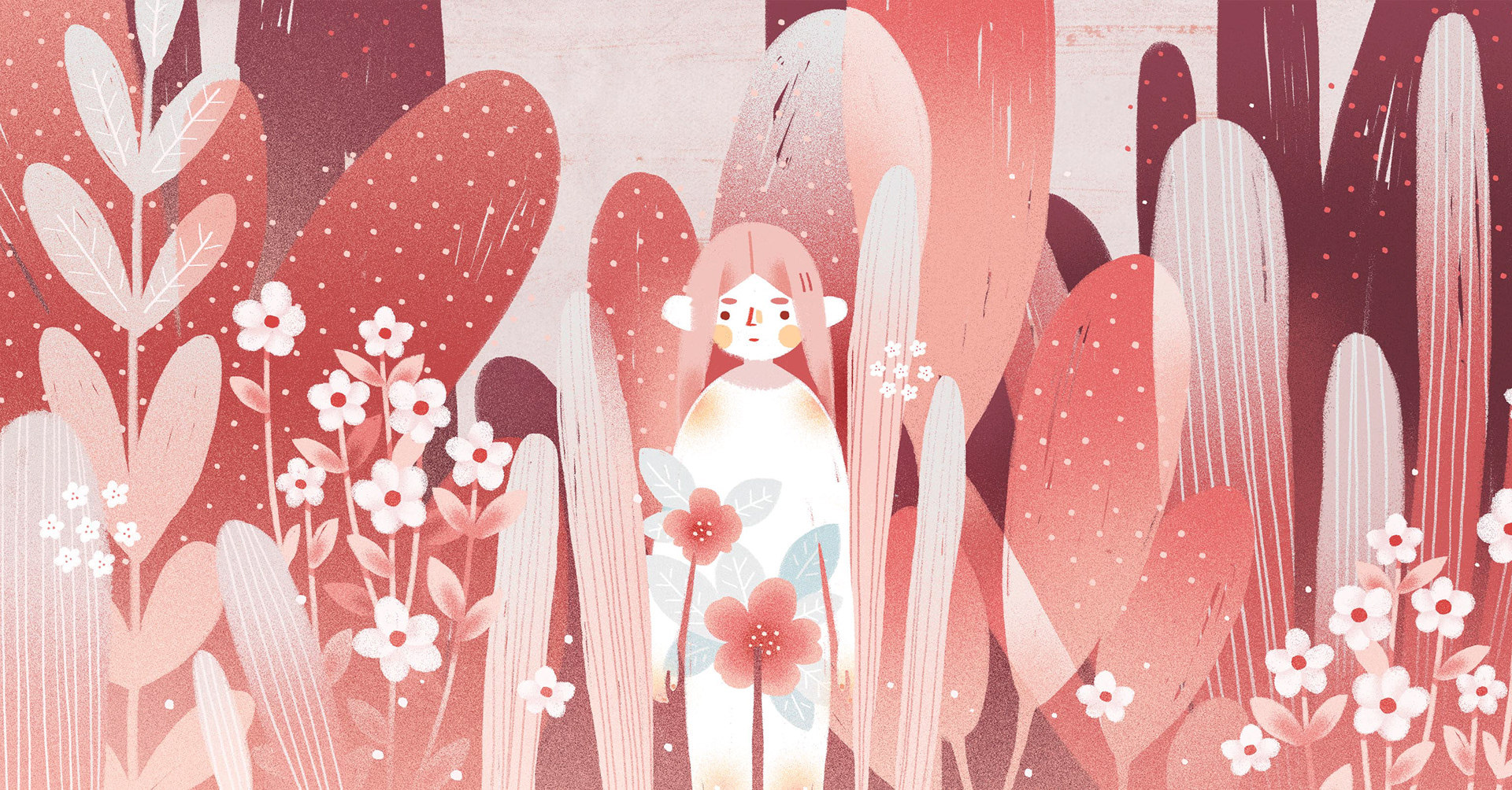 一组以女孩之粉红色的恐慌为主题绘制的插画作品来自画师yijun li