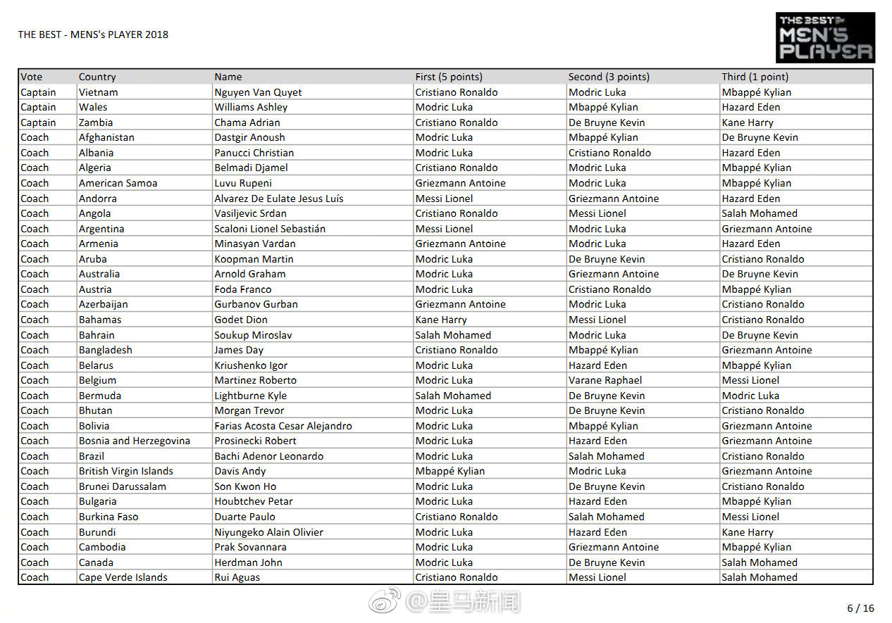 各大国家队投票一览