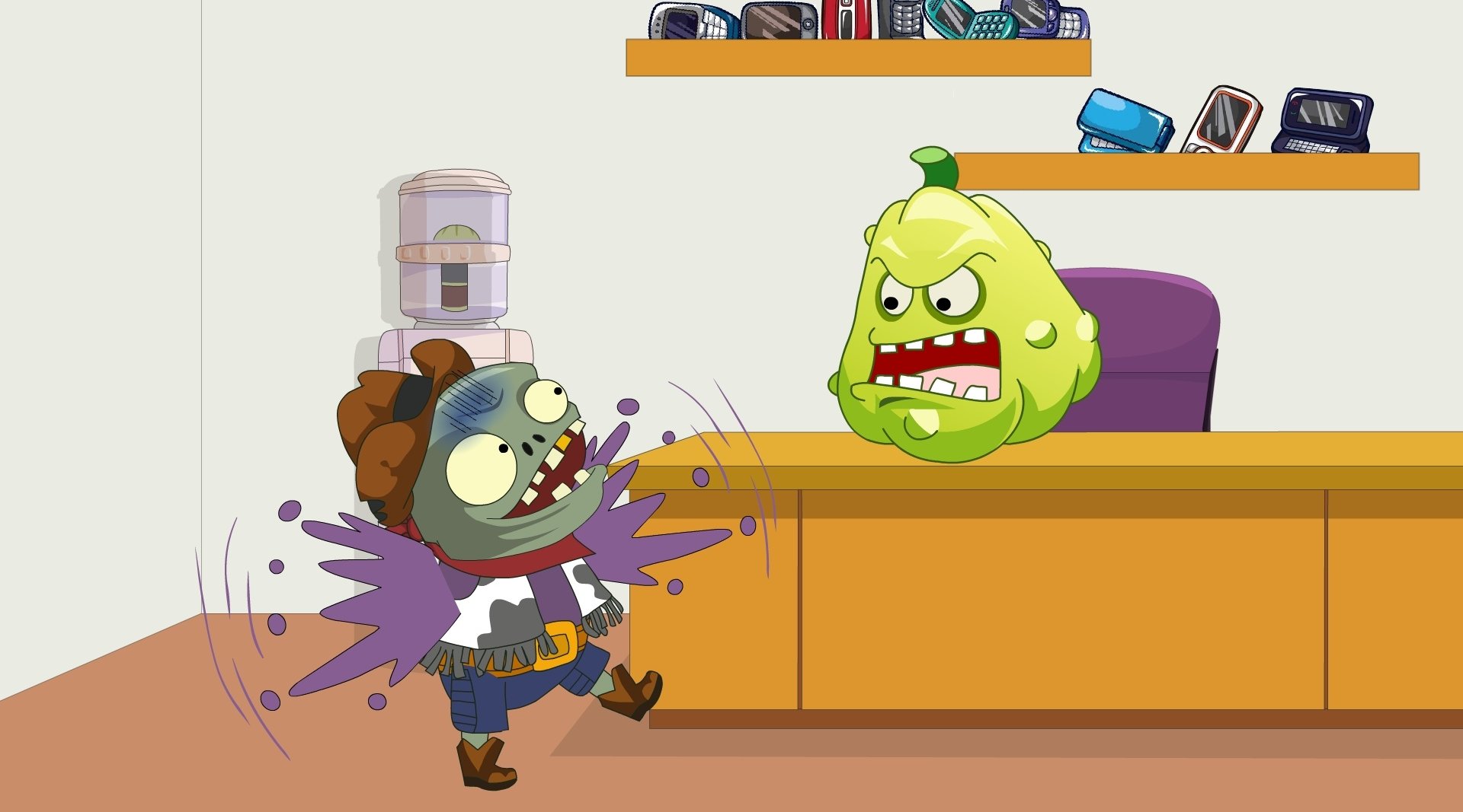 骑牛小鬼僵尸慌忙的跑去手机修理店,原来他的手机进水了,不知道老板能