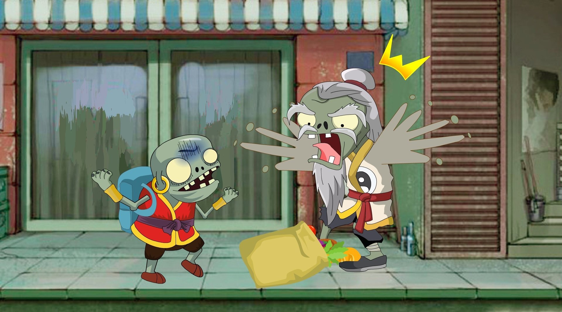 两位顾客一言不合打了起来,身为服务员的霹雳僵尸夺门而逃,他怎么也不