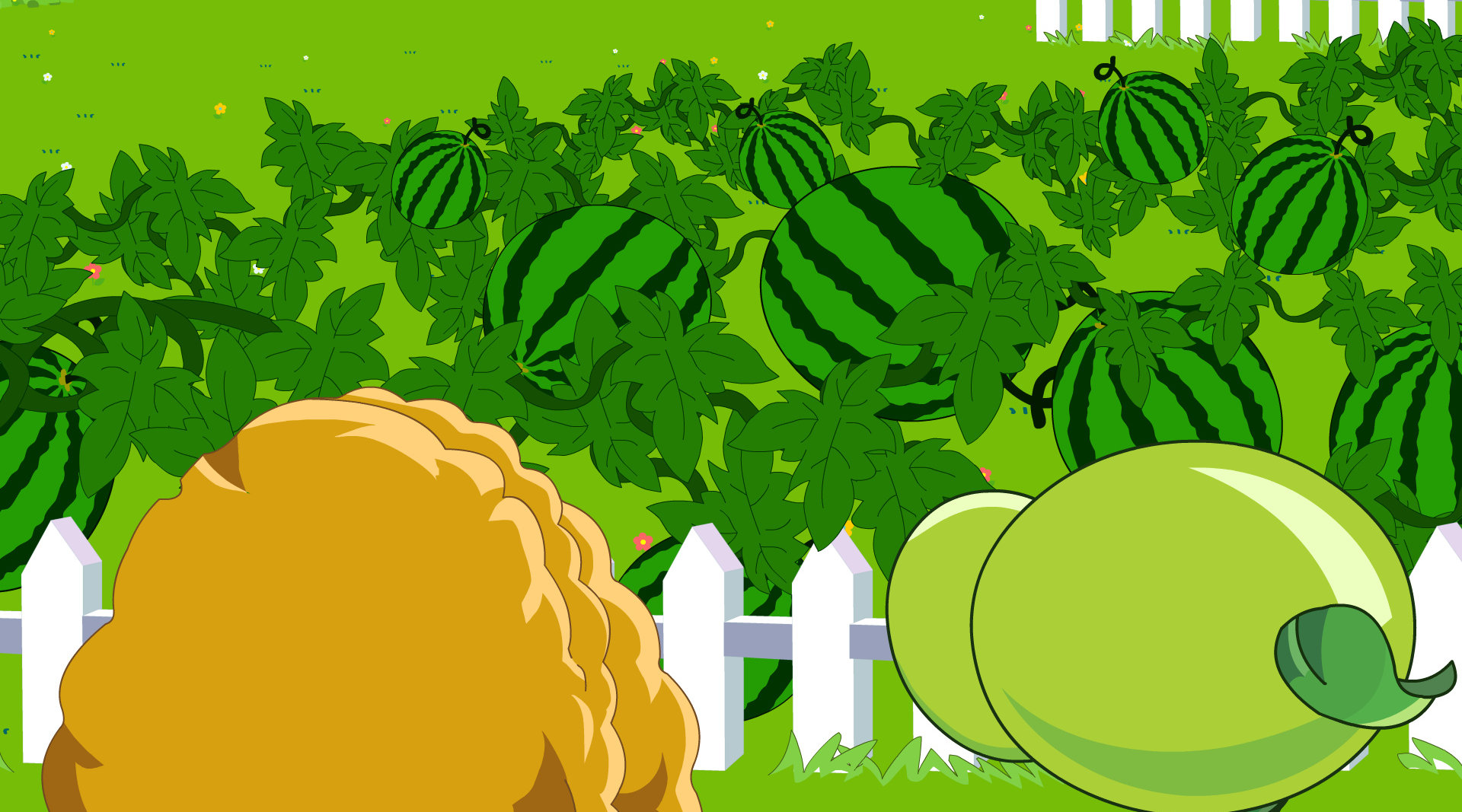 小坚果和豌豆射手在野外遇到一片西瓜地,小坚果准备摘一个西瓜