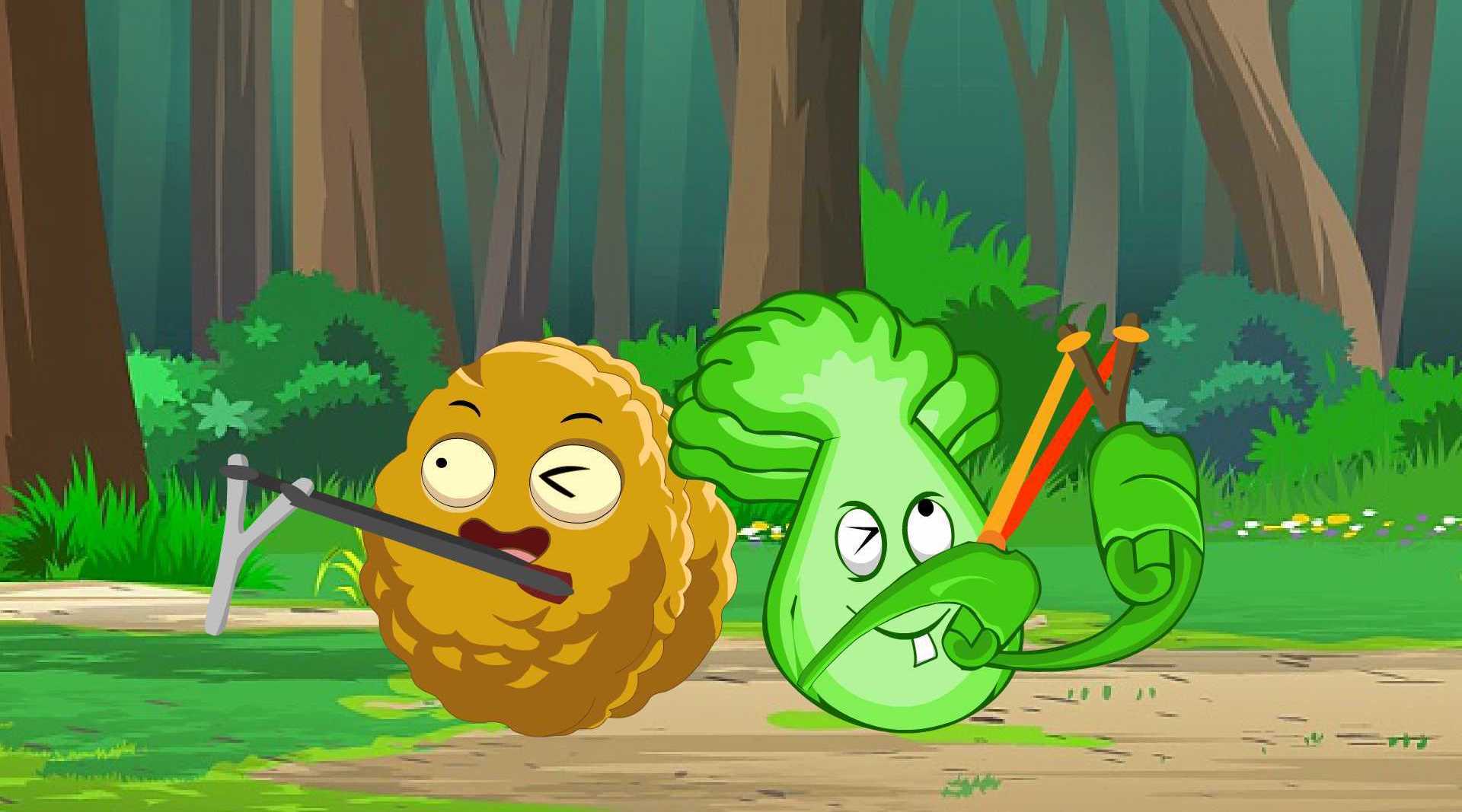 坚果,菜问和豌豆射手一起比谁玩弹弓更厉害,大家各显其能