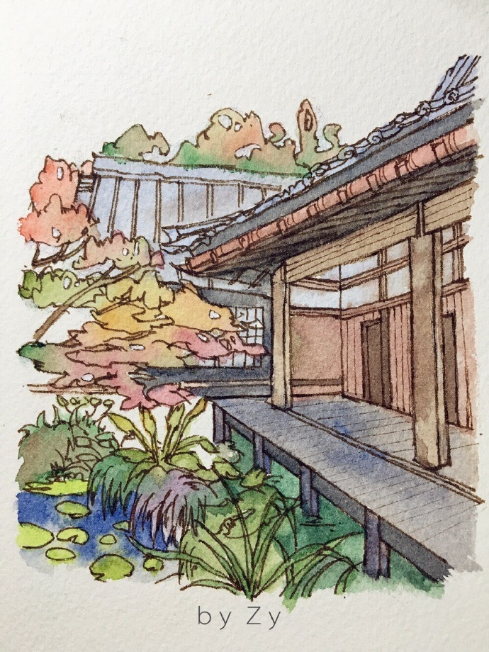 日本庭院-手绘风景画欣赏