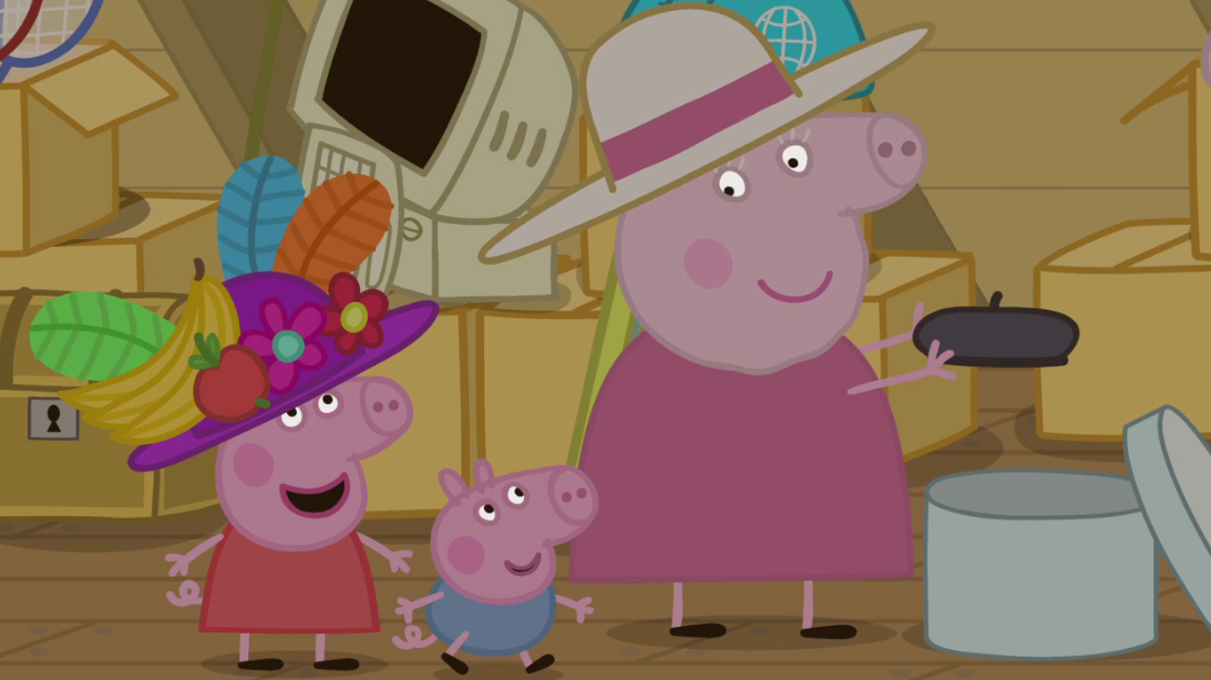 猪奶奶在阁楼上找到了很多以前的帽子她送给了佩奇和乔治