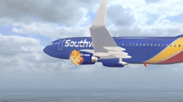 在一万米的高空上,美国西南航空的一辆飞机左引擎突然爆炸起火