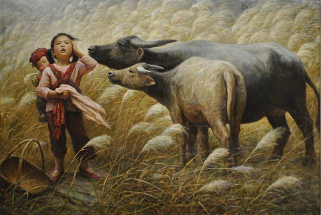 李自健乡村童年系列油画有个姐姐真的很幸福