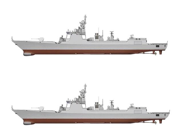 图为网友绘制的052d侧视图(上)和直升机甲板拉长后的猜想效果(下).