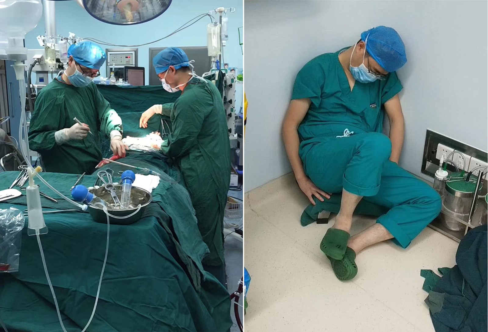 医生连夜抢救坠楼民工10小时手术间隙坐在地上就睡着了
