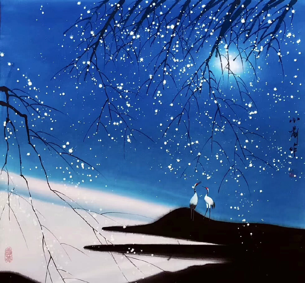 精品重彩国画花鸟画四尺斗方唯美丹顶鹤和山水风景国画作品