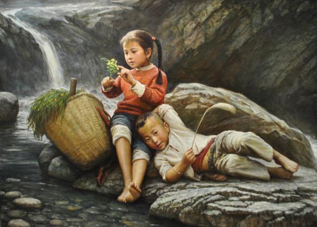 李自健乡村童年系列油画有个姐姐真的很幸福