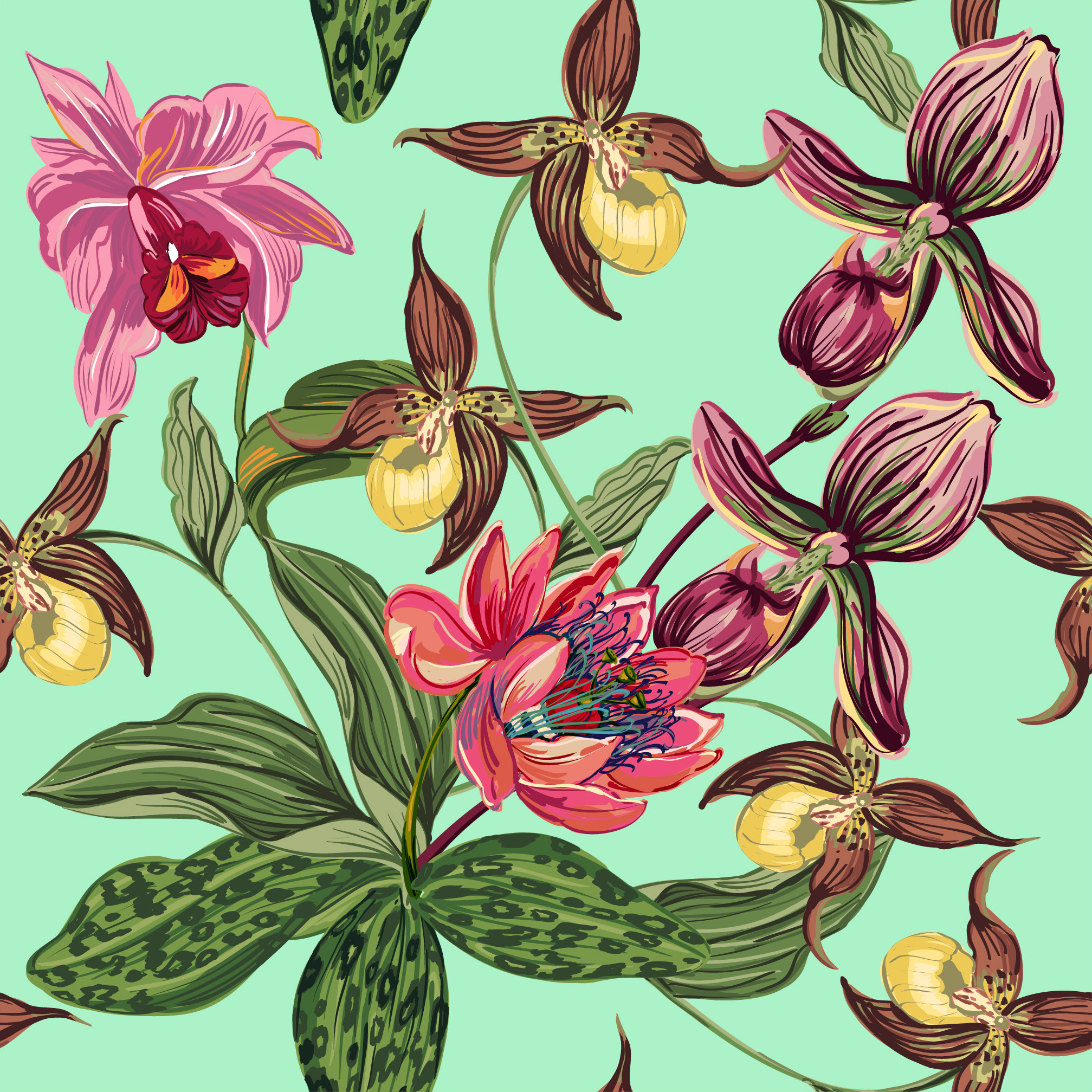 复古手绘热带植物花朵鹦鹉棕榈叶.