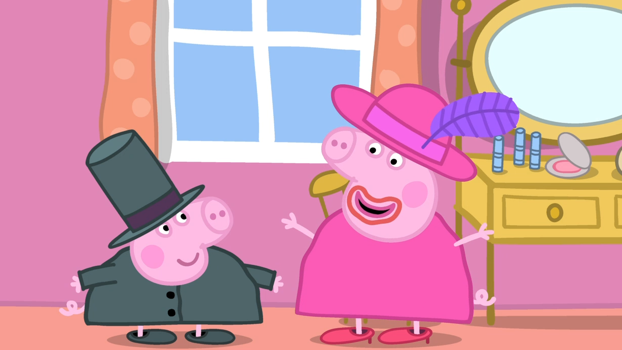 小猪佩奇打扮成妈妈的样子询问乔治自己涂的口红好不好看