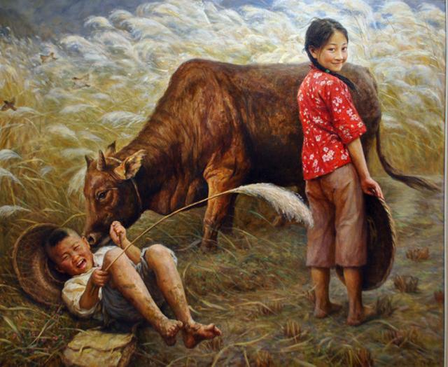 李自健乡村童年系列油画有个姐姐真的很幸福