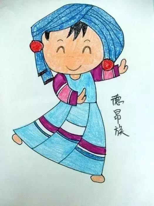 一组少数民族的儿童卡通蜡笔画,让孩子感受多样的中华民族风情