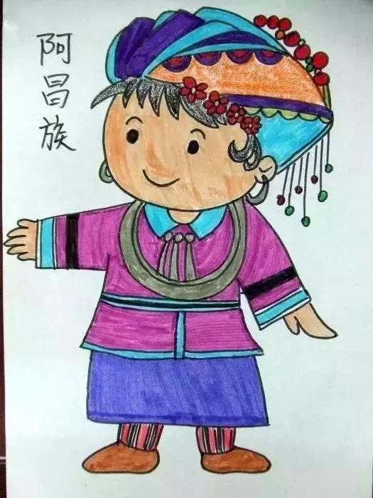 一组少数民族的儿童卡通蜡笔画,让孩子感受多样的中华民族风情