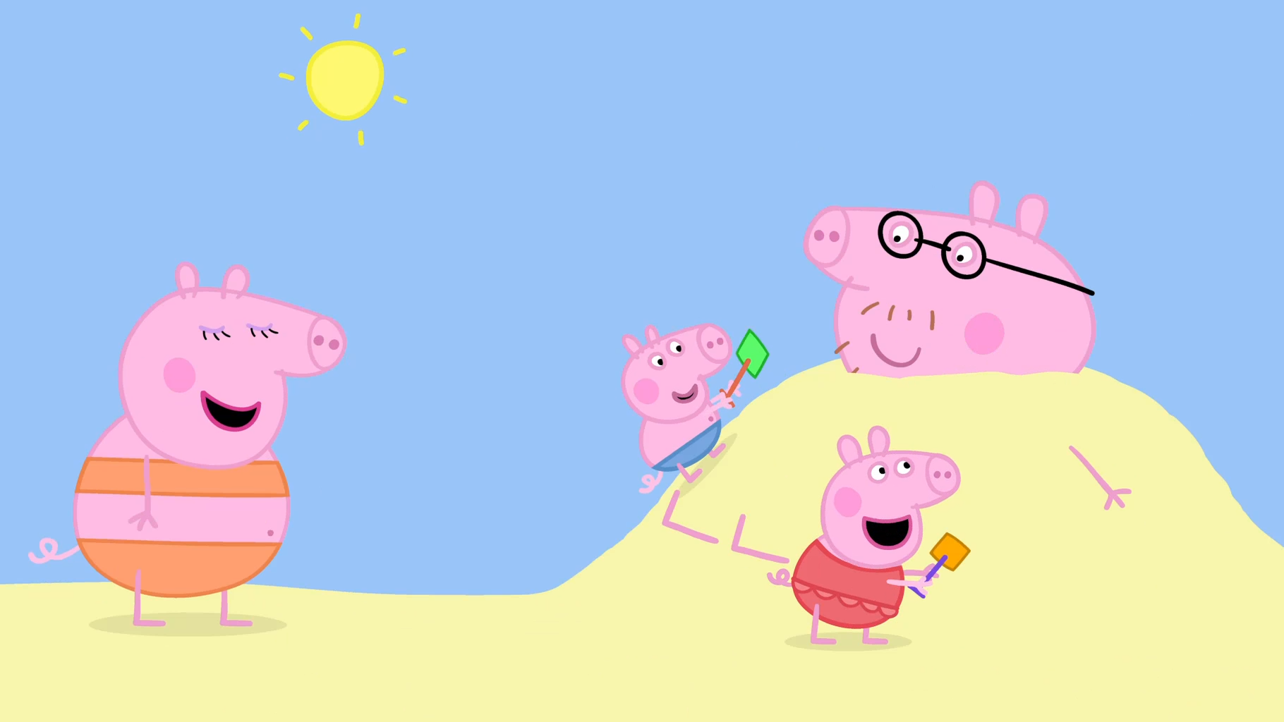 小猪佩奇和乔治把猪爸爸埋在沙滩里猪妈妈笑得很开心