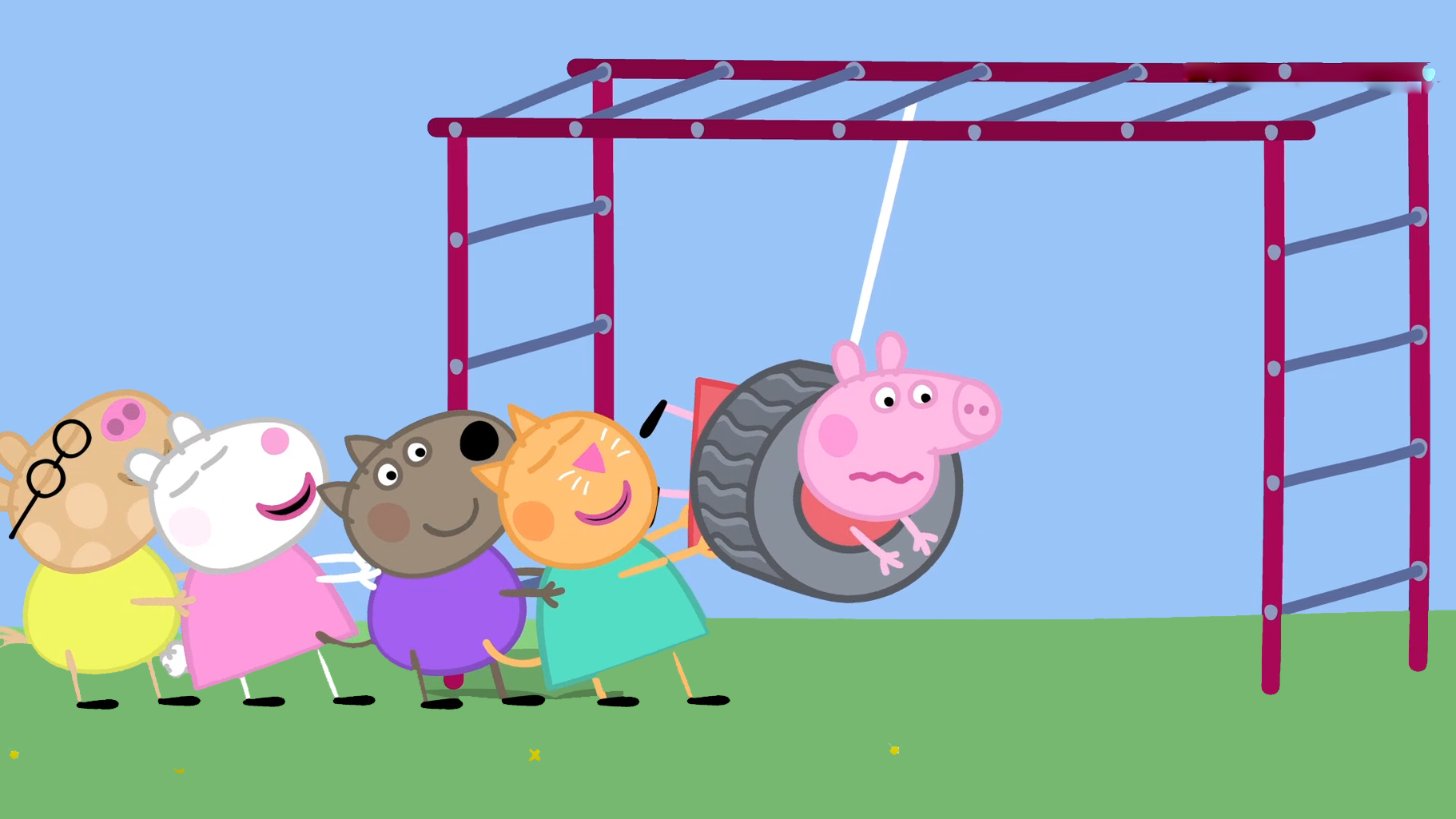 小猪佩奇卡在了轮胎里小伙伴们来解救她