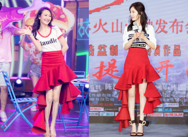 当杨幂跟王鸥穿一条裙子时,终于才知道天然美跟后天美的区别性