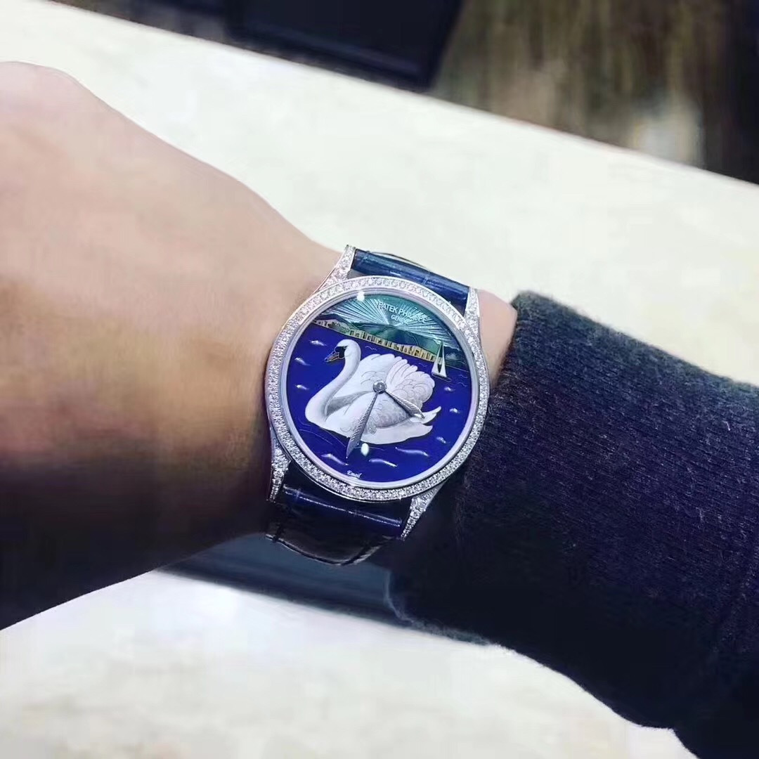 百达翡丽动物手表5077g拍卖收藏品掐丝珐琅日内瓦湖白天鹅腕表