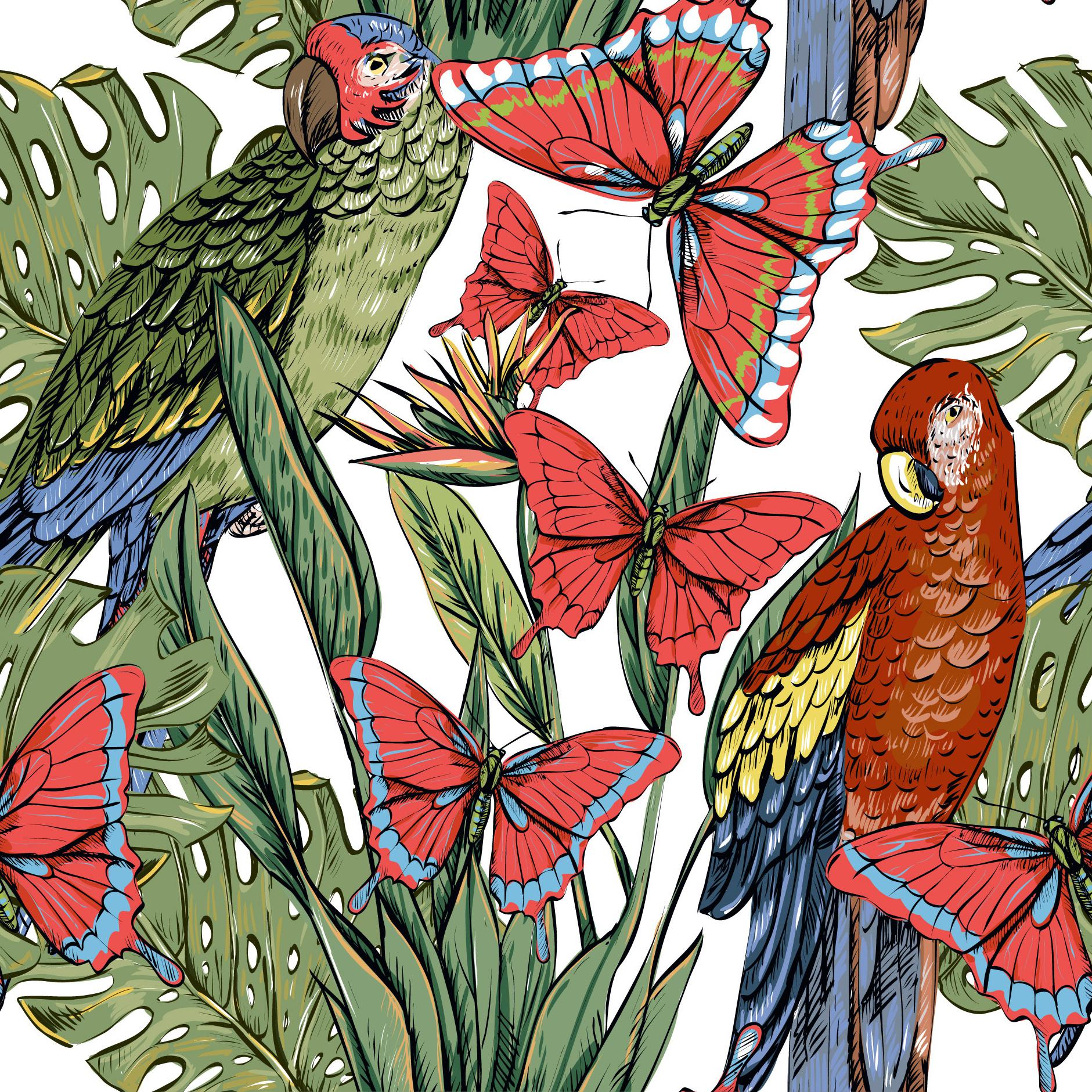 复古手绘热带植物花朵鹦鹉棕榈叶