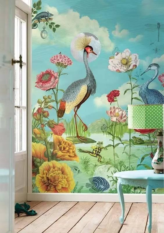 唯美鸟类主题墙体彩绘