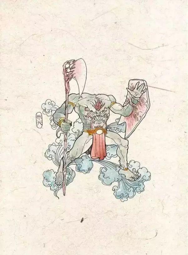 据《山海经61海外西经》记载:"刑天与天帝争神,帝断其首,葬之常羊之