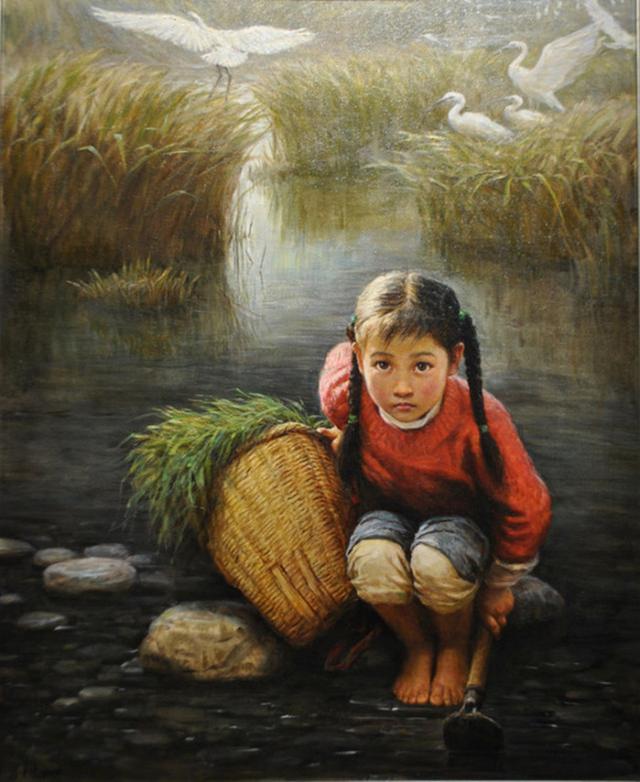 李自健乡村童年系列油画有个姐姐真的很幸福