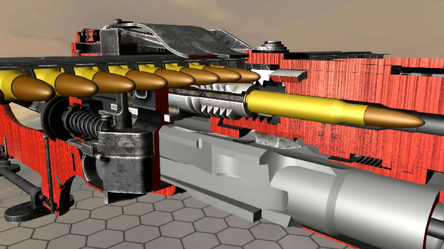 采用弹板供弹的哈奇开斯m1909轻机枪,3d动画演示它的工作原理