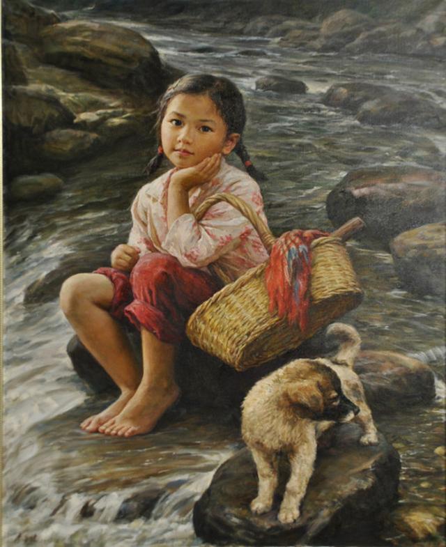 李自健乡村童年系列油画有个姐姐真的很幸福