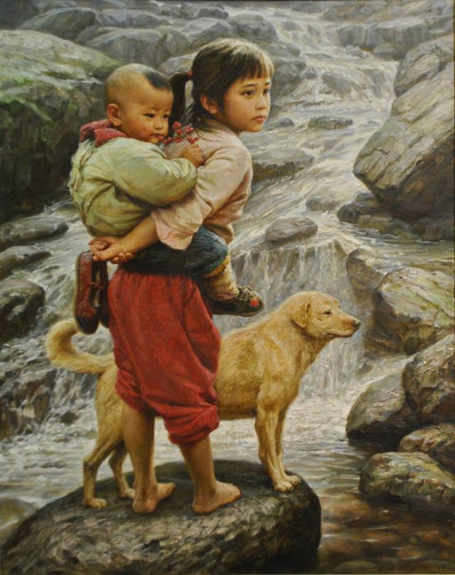 李自健乡村童年系列油画有个姐姐真的很幸福