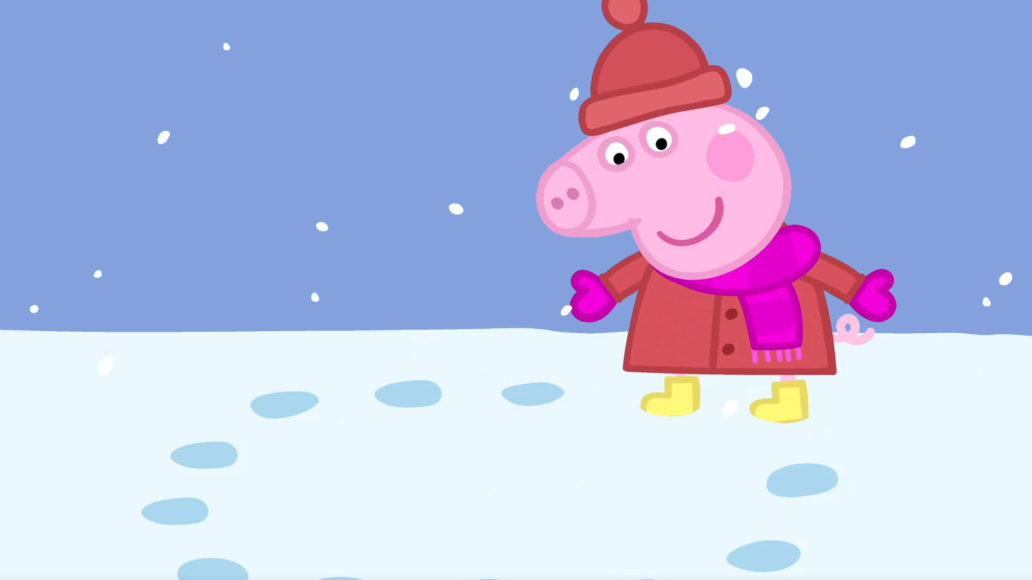 小猪佩奇在雪地里留下了很多小脚印