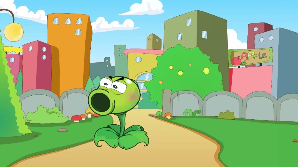 豌豆射手贪玩晚上很晚了才想起来回家,他觉得爸爸一定会臭骂他,坚果出