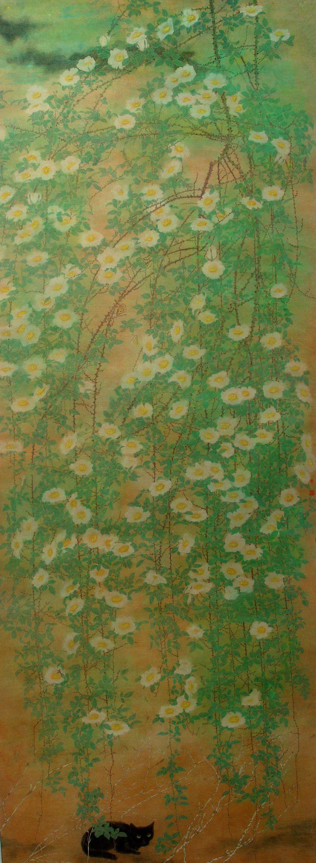 《蔷薇花开》360×131cm纸本  2000《菩提心 · 欢喜》33×132cm×4纸