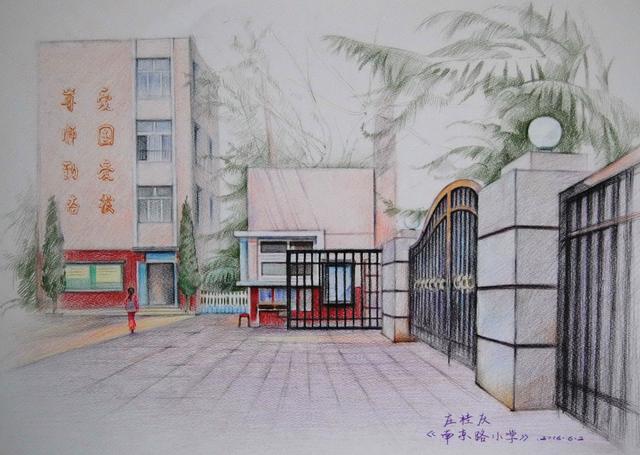 彩铅速写作品欣赏:矮墙民屋农舍院外北高小房花石楼校园小景崖老树