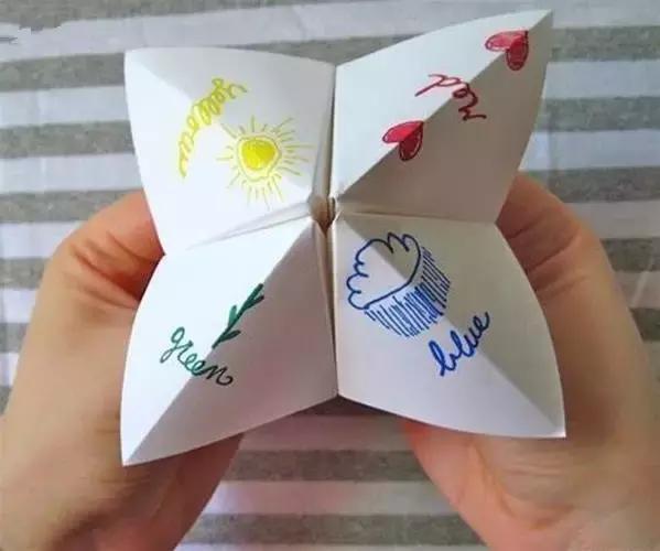 卡纸,剪刀,胶水,彩色笔制作步骤图解:卡纸水果东南西北我们小时候都玩