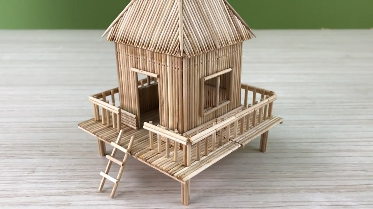 「创意手工diy」学习如何用牙签搭建小木屋模型的方法!