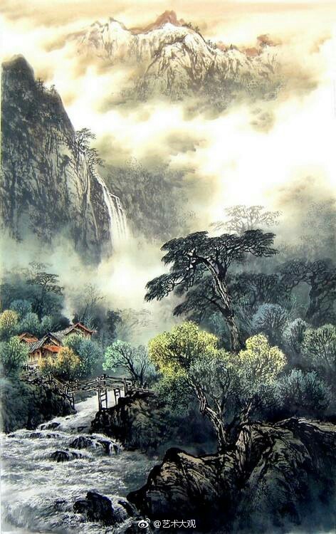 一组彩墨山水画