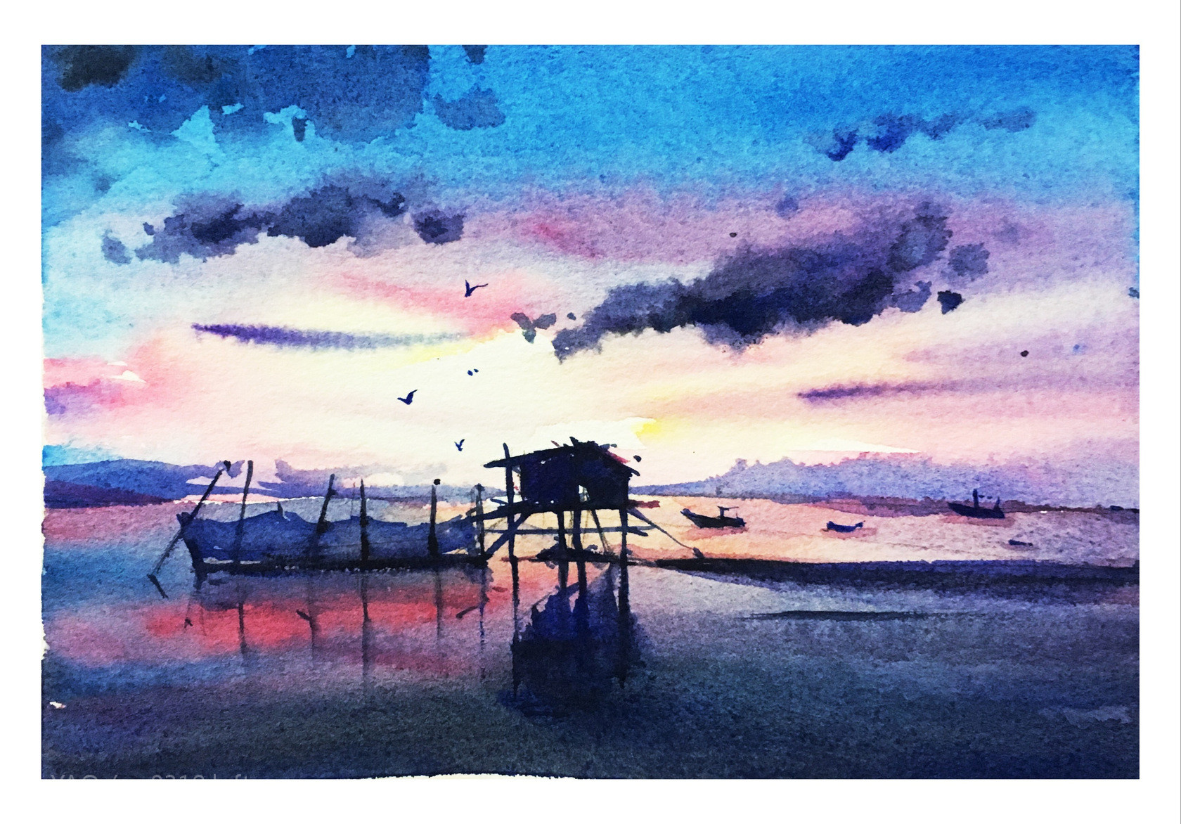 浅深系清新水彩风景画