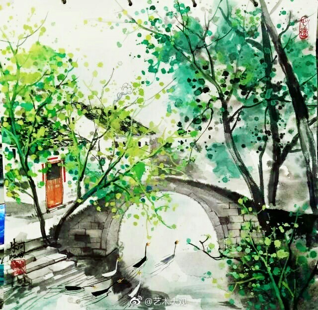 朱可江南小镇风情彩墨画欣赏朱可出生于1978年
