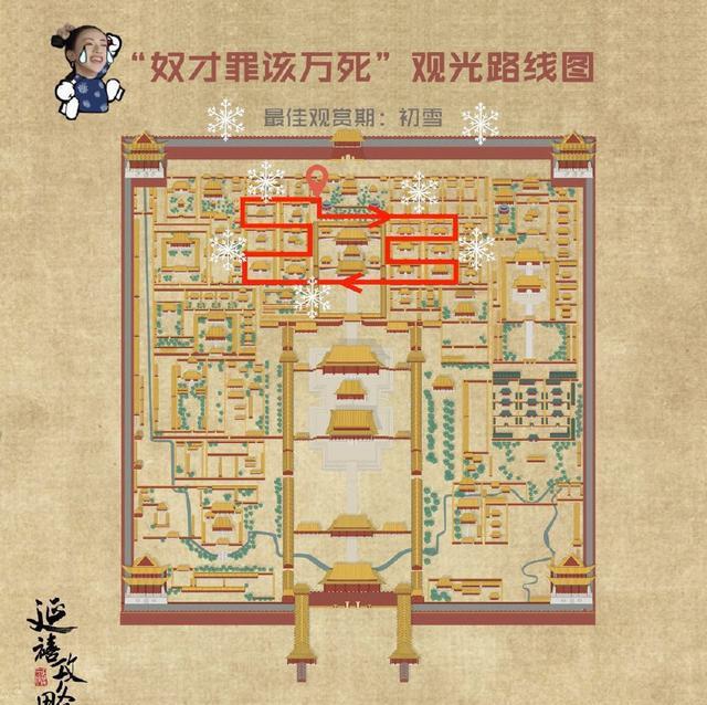 从乾清宫门出发,一路经过永寿宫,长春宫,咸福宫等各大宫殿,在百度地图