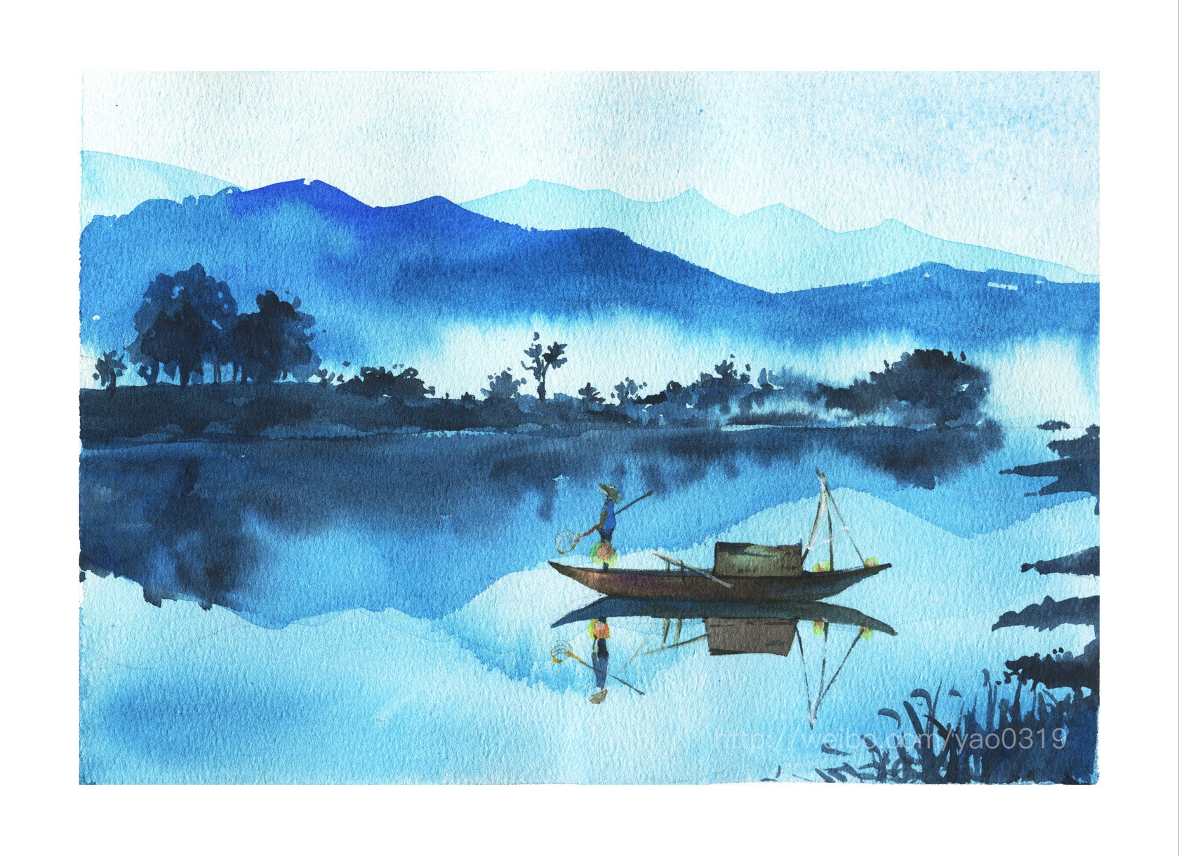 浅深系清新水彩风景画