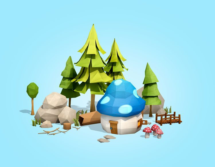森林树木卡通3d游戏木屋蘑菇立体背景psd设计素材模板更多详情