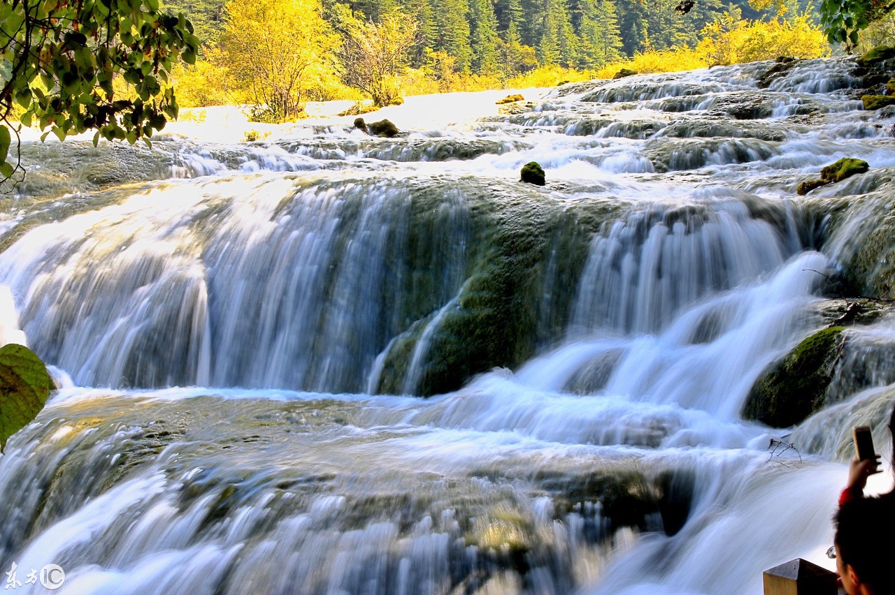 (图片来自东方ic)九寨沟两旁的山峰此起彼伏,树木郁郁葱葱,不留一点