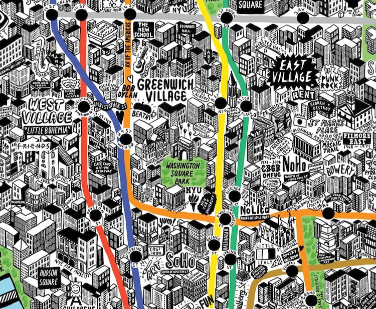 插画家创造了丰富多彩的手绘地图充满有趣的细节