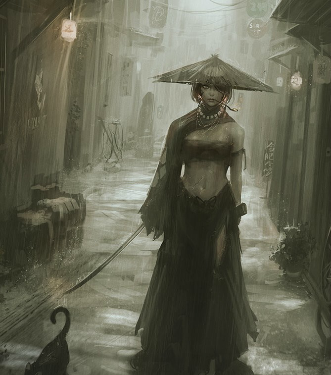 新加坡画师 痞气骄横的带刀女浪人 光影下神韵迷人的少女