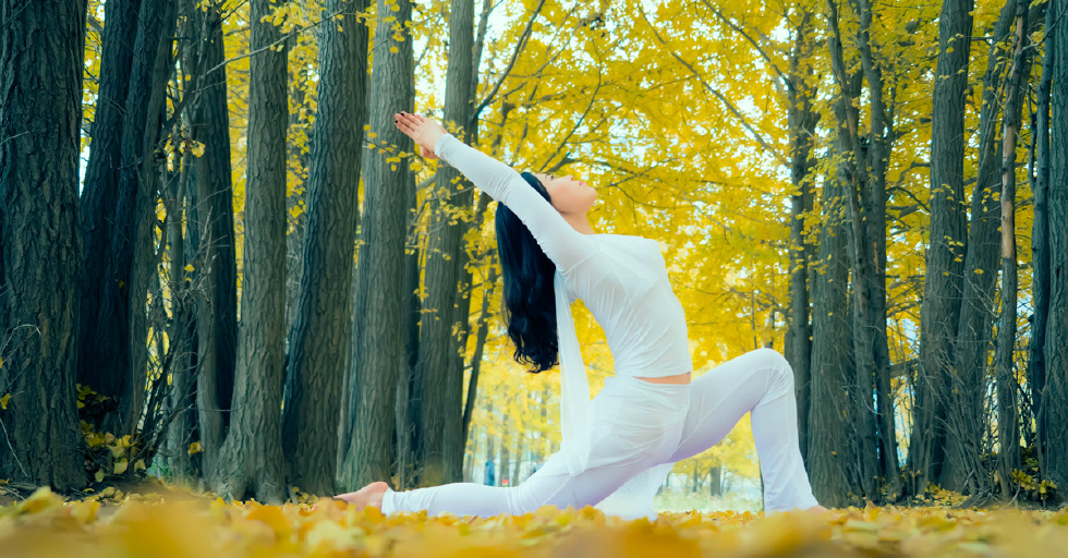秋风落叶,白衣美少女在树林做瑜伽,风姿绰约