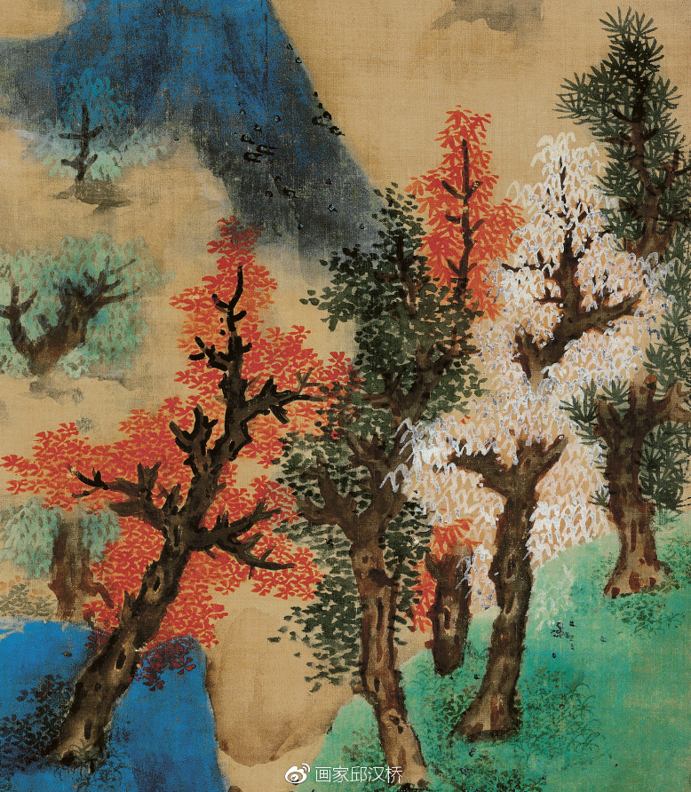 汉桥话画蓝瑛白云红树图没骨青绿重彩山水画