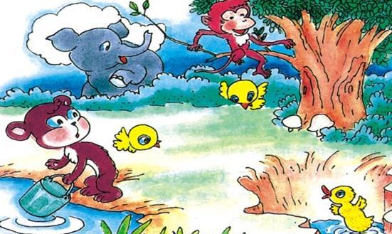 b:草丛中的大象    c:打水的小熊    d:飞在空中的两只小鸟