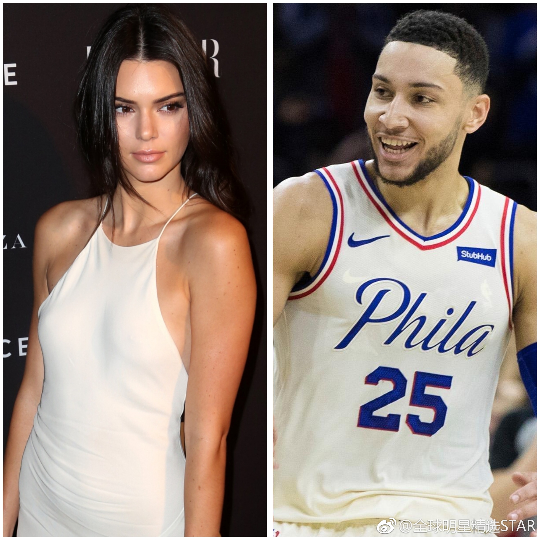 nba球星本西蒙斯与肯达尔詹娜复合一起离开76人队比赛